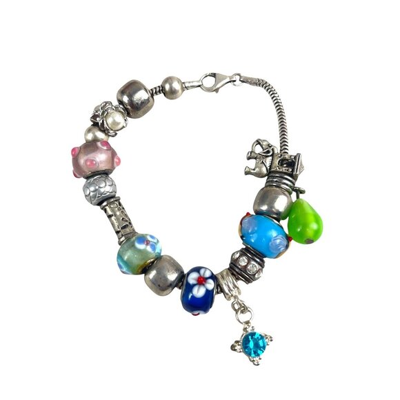 Sterling Silver Italian Chain Charm Bracelet Colorful Glass Beads Elephant Star - Picture 8 of 8